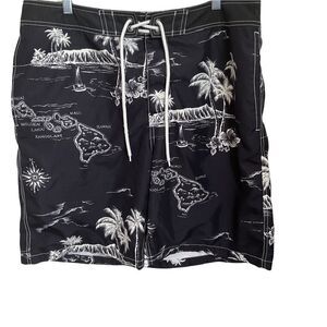 Gap Men's Tropical Print Swim Trunks. Black and White, Size L